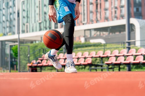 Preview: Tall guy basketball player with the ball shows his dribbling skills during practice