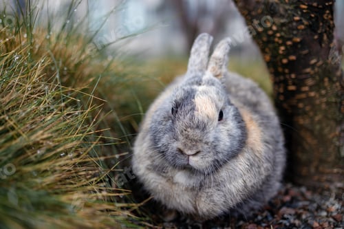 Preview: Easter greetings - Easter bunny rabbit sitting in green grass in garden.