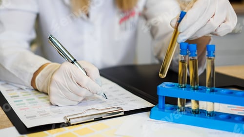 Preview: The doctor writes the results of the analysis into a form. Urine test tubes