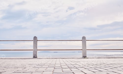 Preview: Morning, beach and view of ocean from the promenade of the water, nature and landscape in Italy. Tr