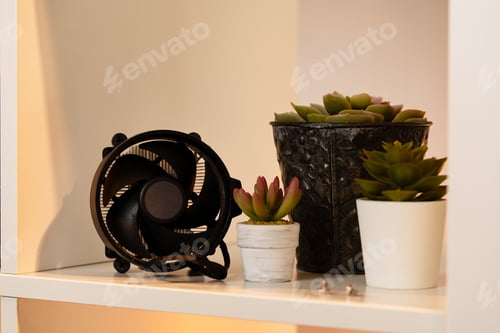 Preview: Cooler computer fan on a shelf with plants