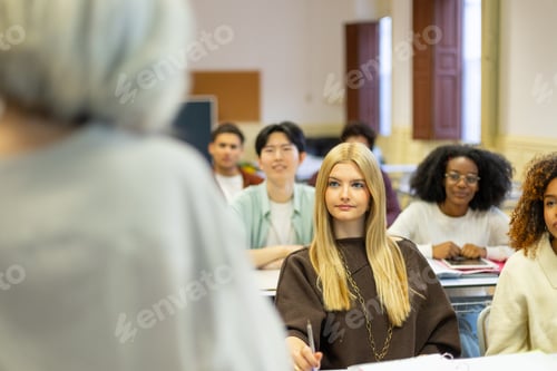 Preview: Diverse students attentively learning in university classroom