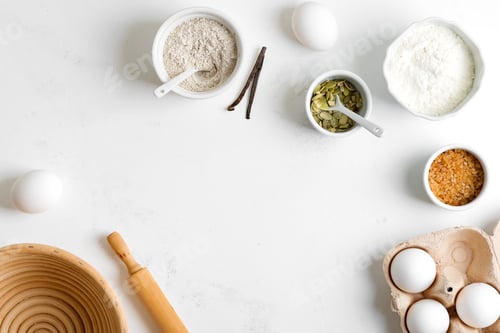 Preview: Homemade production of fresh healthy bread of other pastry from natural ingredients on a light grey
