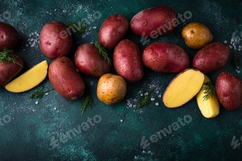 Preview: Raw uncooked potato on green table