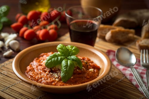 Preview: tomato soup served with ornamental basil leaf in a flat bottom crock