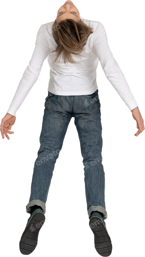 Preview: a woman in jeans and a white shirt is jumping in the air