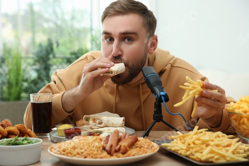 Preview: Food blogger eating near microphone at table in room. Mukbang vlog