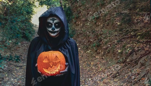 Preview: Young woman with halloween paint face mask wearing black hood