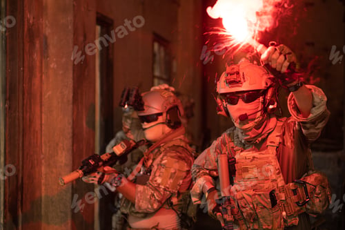 Preview: Soldier in anti-terrorist warfare in a dark building, Anti-terrorist operation training