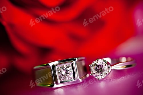 Preview: Couple diamond rings closeup with a blurred red background. The wedding ring.