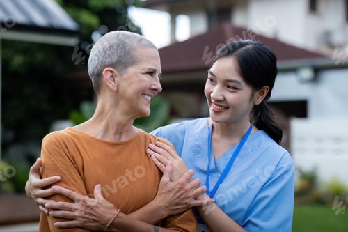 Vista previa: Healthcare, elderly woman with nurse or caregiver in home. Support or communication, caregiver and
