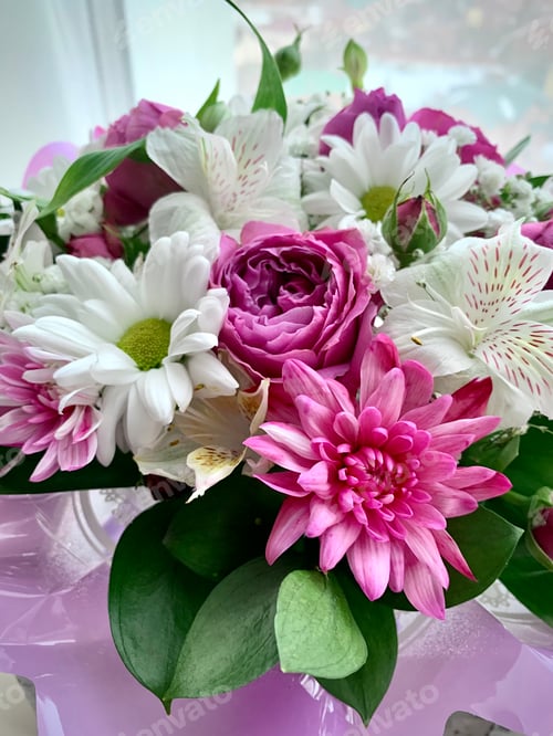 Preview: Natural background flowers pink roses, white chrysanthemums and alstroemerias, dahlia, spring time.