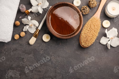 Preview: Flat lay composition with cosmetic product on grey background, space for text. Spa body wraps