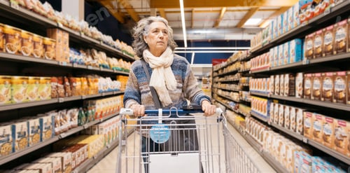 Preview: Senior woman shopping for groceries in supermarket aisle