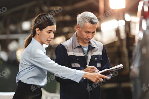 Preview: customer making inspection check to a car engine repair occupation job at garage service