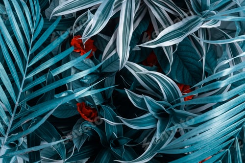 Preview: Creative fluorescent background of leaves and flowers of tropical plants.
