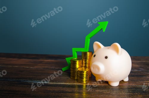 Preview: Piggy bank and money. Growth in savings and property assets.