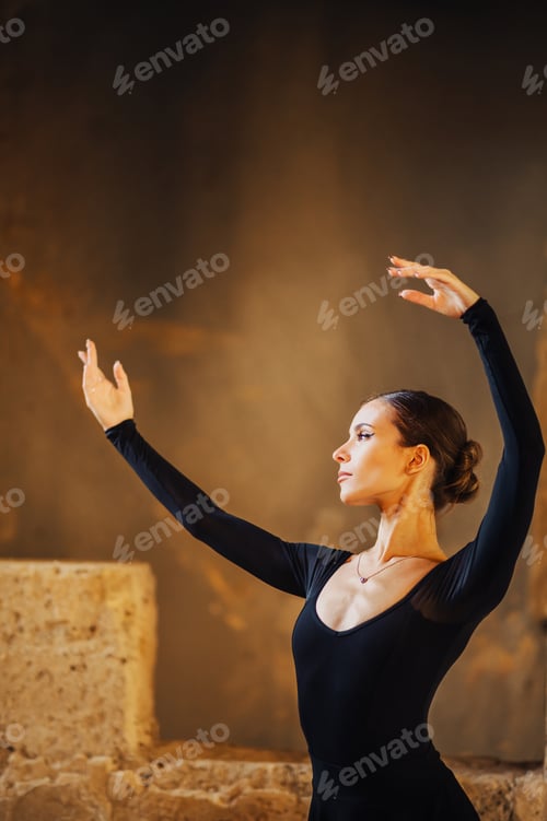 Preview: Portrait of an elegant ballerina dancer wearing black dress with long sleeves