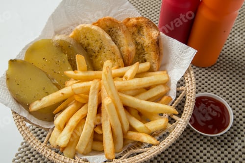 Preview: Traditional French fries with ketchup and bread