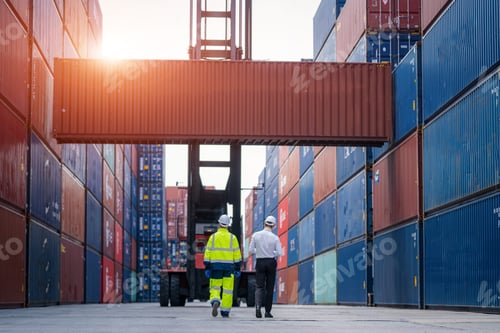 Preview: Businessman and Technicians or engineer working at Container yard warehouse.