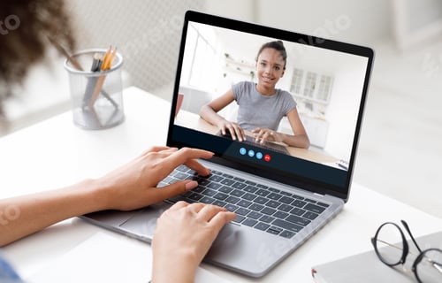 Preview: Smiling teenage girl student on laptop screen studying remotely and millennial woman tutor