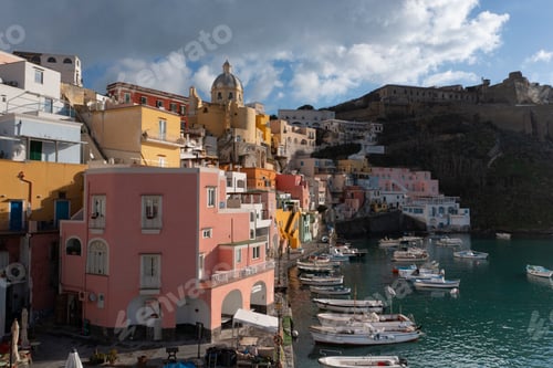 Preview: Aerial view of colourful fishermen's houses, on Procida Island, Bay of Naples, Italy.