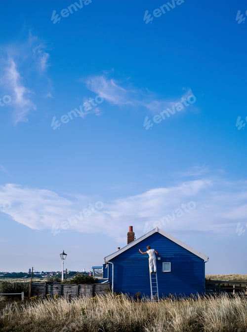 Preview: rear view of man painting house blue