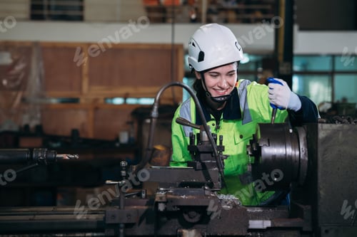 Preview: Industrial worker inspecting and check up machine at factory machines.