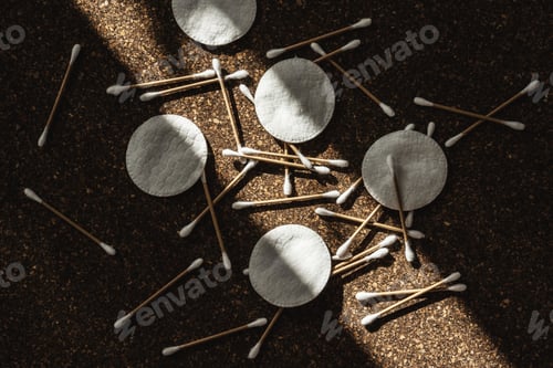 Preview: Cotton Pads and Wooden Cotton Swabs on Cork Surface
