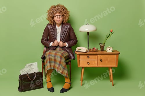 Preview: Indoor shot of displeased curly haired woman dressed in leather jacket checkered skirt pantyhose and