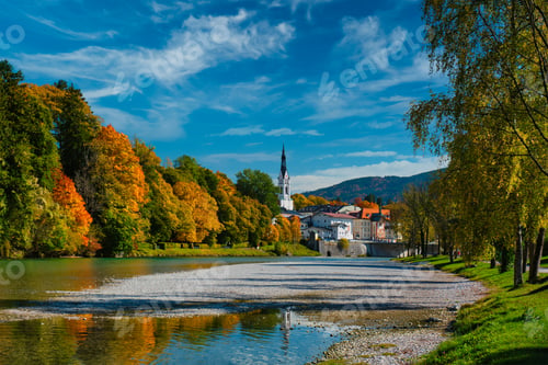 Preview: Bad Tolz - picturesque resort town in Bavaria, Germany in autumn and Isar river