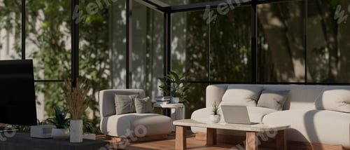 Preview: Luxury contemporary and cozy living room with couch, decor and glass wall with tropical plants