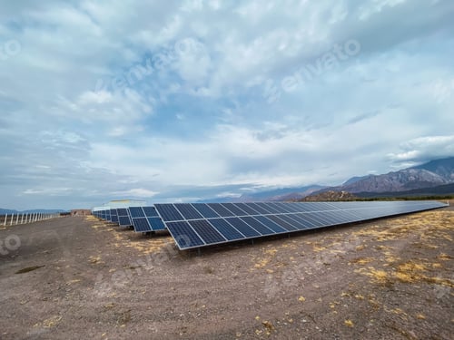 Preview: Scenic view a wide land with solar panels arranged in row under the gloomy sky