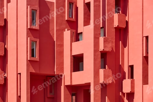 Preview: Geometric red building design. The red wall, La manzanera. Calpe, Spain