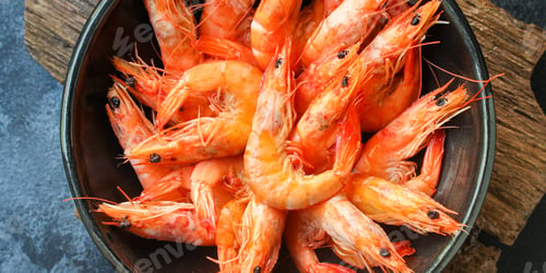 Preview: Shrimp Ready To Eat Boiled Seafood Menu Concept Serving Size. Food Background Top View Copy Space