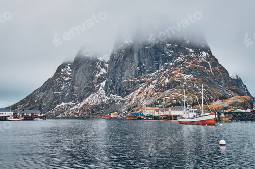 Preview: Ship in Hamnoy fishing village on Lofoten Islands, Norway