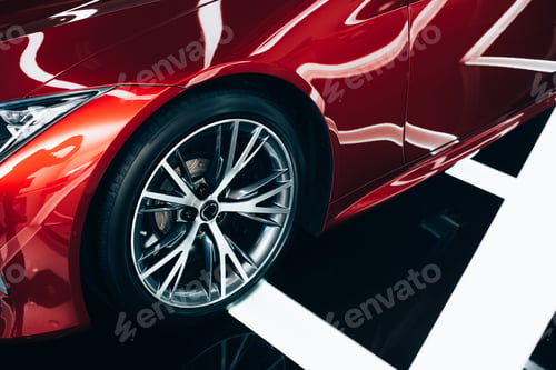 Preview: shiny new red automobile with metallic wheel in car showroom