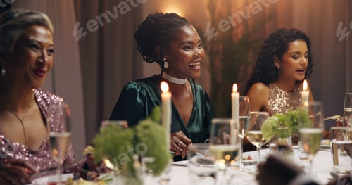 Preview: Women, dinner and business people at party with food, drinks and plate for charity drive at night.