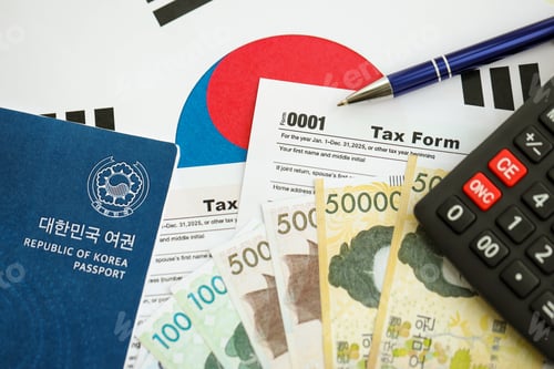 Preview: South Korean won money bills lies on table with pen, calculator, passport and tax forms