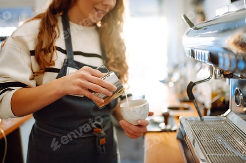 Preview: Female barista making coffee in a coffee machine. Conception of business and service. Takeaway food.