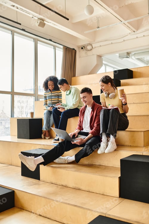 Preview: Diverse group relaxing on urban steps