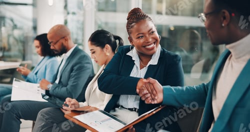 Preview: Group, business and people with handshake for interview, candidates introduction and recruitment we
