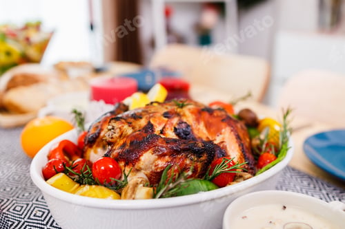 Preview: Homemade roasted Turkeys for Thanksgiving with spice on the table. Merry Christmas.