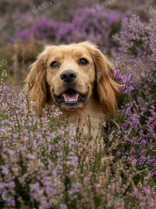 Preview: Vertical shot of an adorable english cocker spaniel in a field of lavender flowers