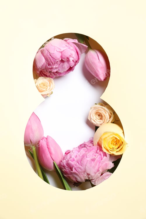 Preview: 8 March greeting card design with flowers, top view. Happy International Women's Day