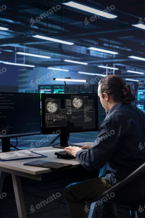 Preview: Technician working in data center overseeing international user traffic