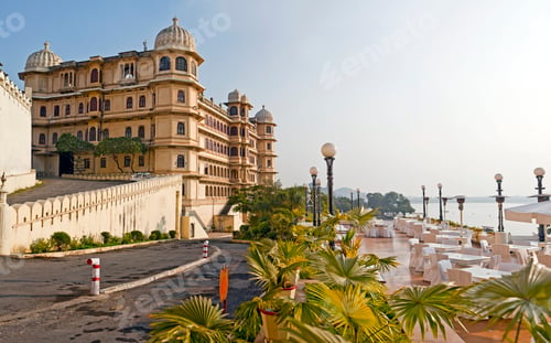 Preview: 45299,The City Palace historic palace building on the shores of the lake at Udaipur India.