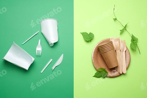 Preview: Non-degradable plastic waste from disposable tableware and a set of dishes