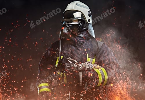 Preview: A firefighter dressed in a uniform in a studio.