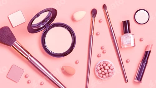 Preview: Beauty cosmetics makeup product flying in air cutout minimal. Woman make up collection falling on ap